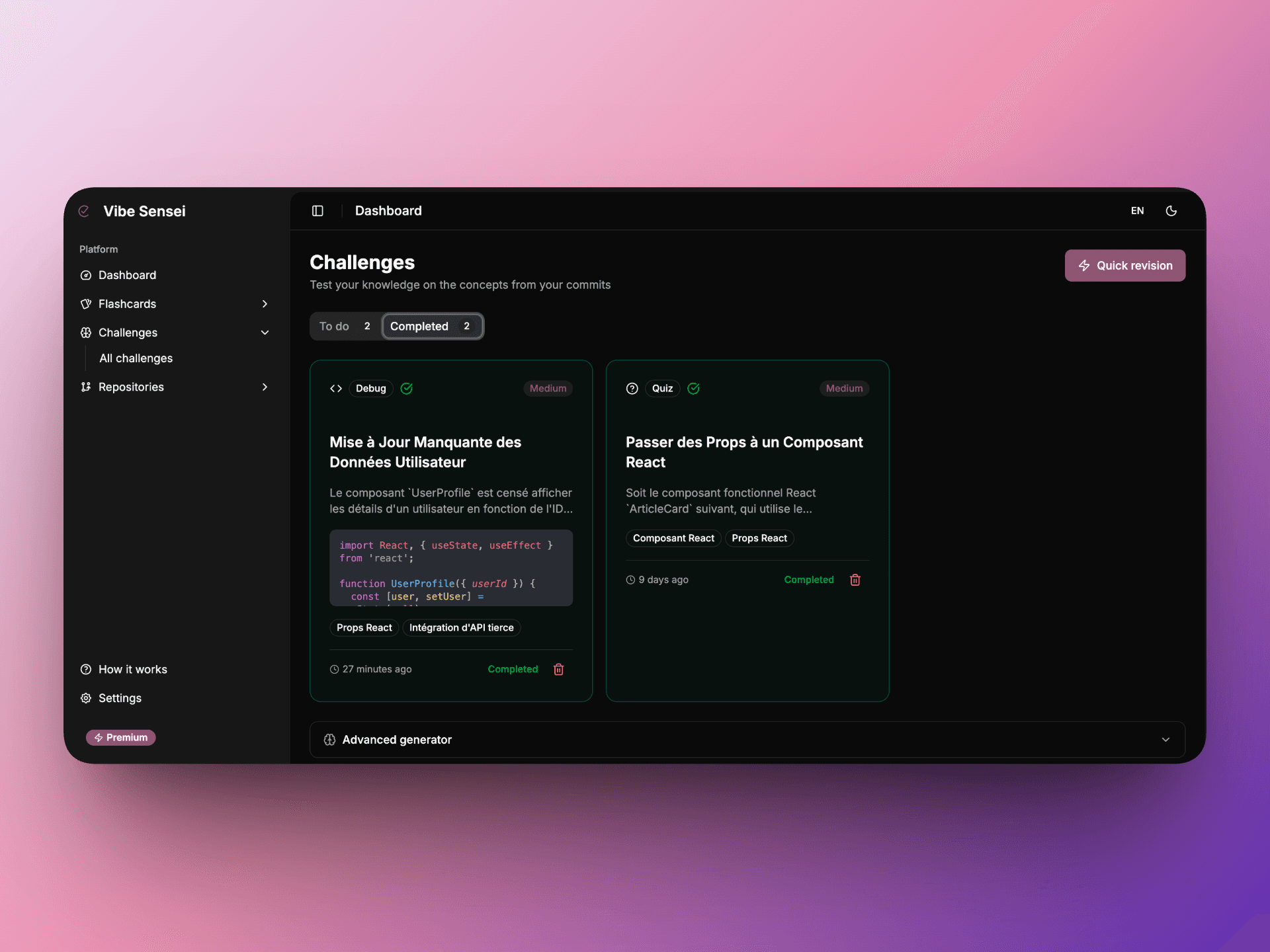 Vibe Sensei dashboard